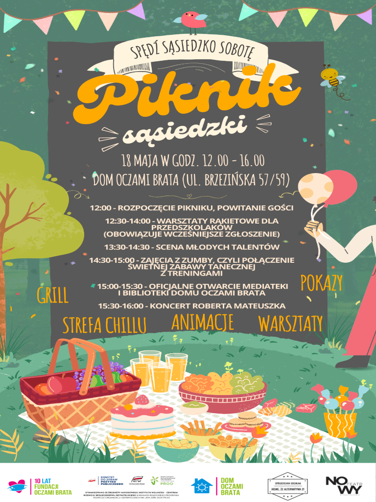 Plakat piknik sąsiedzki z podaniem daty, miejsca i harmonogramu