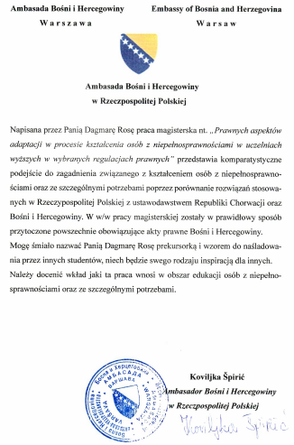 Opinia Ambasador Bośni i Hercegowiny w Rzeczpospolitej Polskiej na temat pracy magisterskiej Dagmary Rosy